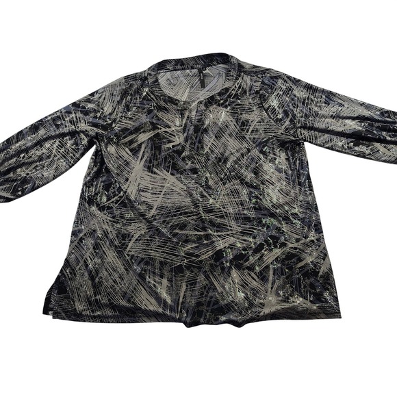 Cathy Tops - Cathy Womens XL Black Silver‎ Glitter Abstract Split Neck Long Sleeve Knit Top
